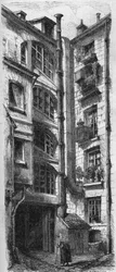 ピエール・コルネイユが住んでいたパリのアルジャントゥイユ通り18番地の家の中庭の内観。1867年1月3日付の "Le Monde Illustre "308号に掲載された図版。