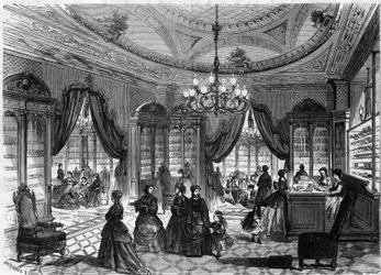 パリのリシュリュー通り93番地にあるハーバート氏の靴屋の内観。1869年1月9日付の "Le Monde Illustre "613号に掲載された図版。