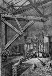 1870年の戦争-パリ本部：パリのMessrs.Broquin and Laineの作業場で、新聞の読者が出資したカノン「Petity Moniteur」の溶解。1871年2月4日付「Le Monde Illustré」721号に掲載された図版。