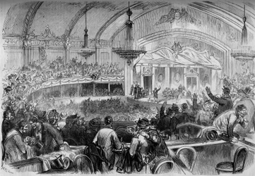 1870年の戦争 - 休戦中の立法議会選挙 - 1871年2月：国民議会候補者の発表を行うため、パリのキャバレー・デ・フォリー・ベルジェールで開かれた選挙集会。『ル・モンド・イリュストレ』第722号、187年2月11日掲載の版画