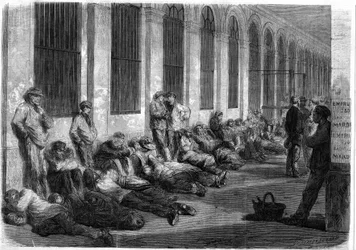 1870年の戦争。戦費調達のための国家融資を申し込むために大蔵省前に並ぶパリ市民。窓開けの前日を描いたシーン