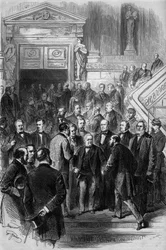 1870年の戦争：閣僚評議会議長アドルフ・ティエール（1797-1877）は、1871年2月19日にボルドーで再招集された国民議会から退出した際、代議士たちの祝辞を受けた。彼は政府の信任を得たばかりだった。『ル・モ』所収の版画