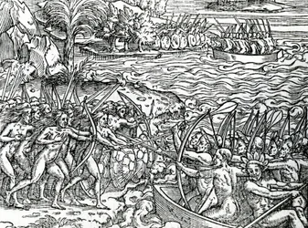 戦争シーン、ブラジル、アンドレドテヴェによる「フランス南極の特異点」のイラスト、1558