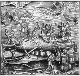 中世の大西洋のフランス海岸での鯨漁。エングレービング "La Marine et les colonies: commerce" より