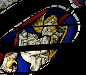 ハープとバグパイプコルナミューズのミュージシャンの天使を描いたウィンドウE3