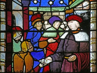 セントオーガスティンを描いたウィンドウw10が、ローマの権威に反抗したボニフェイスを警告する手紙を書いている