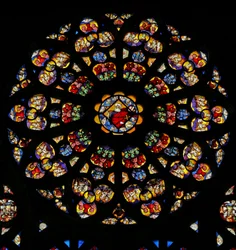 ウィンドウw120ケルビムと天使に囲まれた父なる神を描いたサウスローズウィンドウ。ランセット：モーゼの生涯（バラ窓-内部）