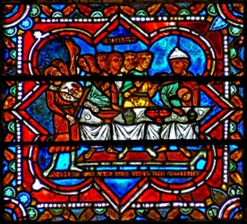 放蕩息子の物語のシーンを描いたウィンドウW17：再会のごちそう