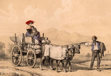 袋がいっぱい入ったカートに乗っている伝統的な衣装を着た女性と子供、1840年頃