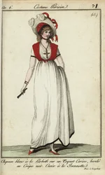 1798年のファッションでリスベットハットを被った女性（手彩色銅版画