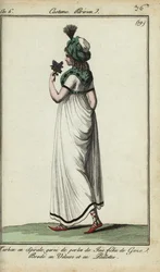 1798年のファッションに身を包んだ女性（手彩色の銅版画