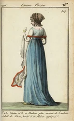 1798年のファッションでシースルーのショールを着た女性（手彩色銅版画