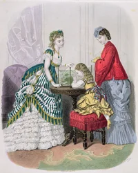 水族館を見ている女性と子供、ラモードイルストレ、1870年頃
