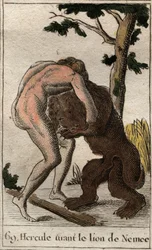 ヘラクレスの作品。"Hercules killing the lion of Nemee" (ヘラクレスの最初の労働、ネメアのライオンを殺すヘラクレス)Pierre Blanchard 1803の "Mythology of Youth "より。