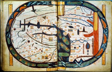 聖セヴァルの世界地図。リーバナの修道士ベアトゥスが775年に書いた「聖ヨハネによる黙示録」の注釈書から抜粋したミニチュア。