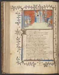 イェイツ・トンプソン 35 f. 80v「ベルトラン・デュ・ゲクランの歌」からのバロンジュの撮影、1380-92年頃（ベラム）