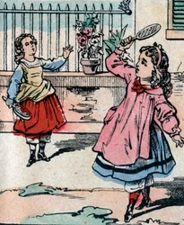 羽根とラケットで遊ぶ少女たち、バドミントンに似た初期の遊び - エピナル版画 - 19世紀