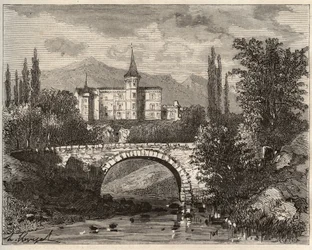 chateau de la rochelambert Dans la vallee de la borne Haute-Loire (43) - V.-A. Malt-Brown著 "La France illustree: geography, history, statistical administration "に掲載された彫刻。V.-A. Malt-Brown著「La France illustree: geography, history, statistical administration」