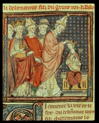 142葉表：神聖ローマ皇帝ルートヴィヒ1世敬虔王（778-840）が816年にランスで教皇ステファヌス4世（在位816-817）により戴冠される場面、『フランス大年代記』より、1375-79年