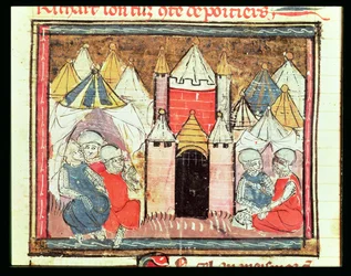 f.259rフランスのフィリップアウグストゥス（1165-1223）がフランスのグランドクロニクス（1375-79）からイングランド（1199-1216）のジョン王（ラックランド）を倒した1204年のシャトーガイヤールの包囲戦