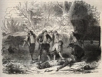 リヨン郵便局事件 - Affaire du courrier de Lyon - la malle-poste est attacked en Seine et Marne by 5 individuals on 28 April 1796 - Engraving in "Causes celebres de tous les peuples" by Armand Fouquier (1817-18?) 1858-1867 - private collection