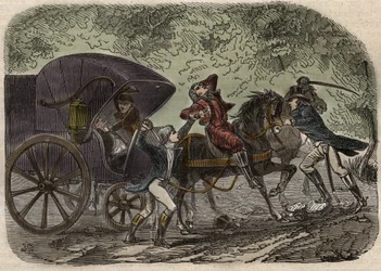 リヨン郵便局事件 - Affaire du courrier de Lyon - la malle-poste est attacked en Seine et Marne by 5 individuals on 28 April 1796 - Engraving in "Causes celebres de tous les peuples" by Armand Fouquier (1817-18?) 1858-1867 - private collection