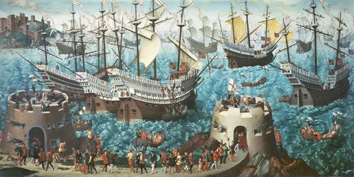1520年にヘンリーグレイスアデューに乗船したヘンリー8世（1491-1547）の乗船、ヴィンセントボルピの絵画からのコピー