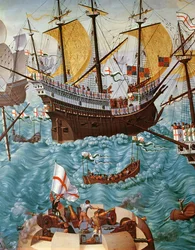 1520年にヘンリーグレイスアデューに乗船したヘンリー8世1491-1547の乗船、148771のキャンバスのディテールにあるヴィンセントボルピオイルの絵画からコピー