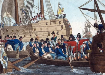 1815年8月8日、ベロフォン号からノーサンバーランドに運ばれるイギリス軍捕虜のナポレオン・ボナパルト - Campe, August Friedrich Andreas (1777-1846) - エッチング、水彩 - 21,6x26,8 - 個人蔵