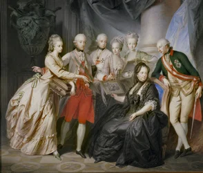 皇帝フランツ・シュテファンの死後、未亡人の草むらで子供たちに囲まれる女帝マリア・テレジア...（キャンバスに描かれた絵）