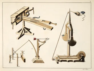 スリング武器、フランツコッテンカンプ博士による「騎士道の発展と習慣の歴史」のプレート、カールホフマン発行、1842年