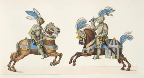 トーナメントでの2人の騎士、フランツコッテンカンプ博士による「騎士道の発展と習慣の歴史」のプレート、カールホフマン発行、1842年
