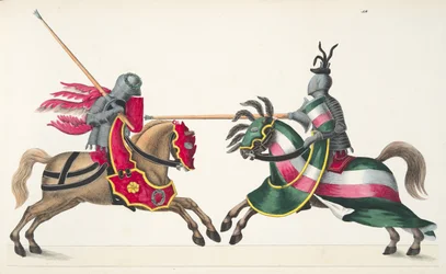 トーナメントでの2人の騎士、フランツコッテンカンプ博士による「騎士道の発展と習慣の歴史」のプレート、カールホフマン発行、1842年