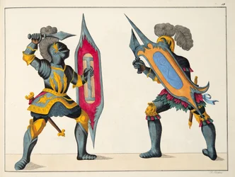 戦う2人の騎士、フランツコッテンカンプ博士による「騎士道の発展と習慣の歴史」のプレート、カールホフマン発行、1842年