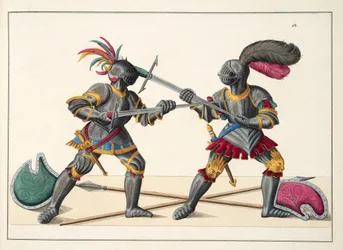 戦う2人の騎士、フランツコッテンカンプ博士による「騎士道の発展と習慣の歴史」のプレート、カールホフマン発行、1842年