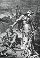 ジャンヌ ダルクとライオネルの決闘、オルレアンの乙女のイラスト、フリードリッヒ シラー (1759-1805) による悲劇、彫刻