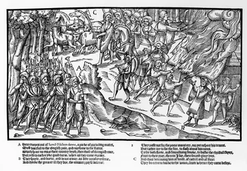 ハルバードと矛を持ち、笛吹きが率いるケルンの武装した一団が農家を襲って焼き、馬と牛を追い払う（ジョン・デリッケ作「アイルランドのイメージ」より、プレート2