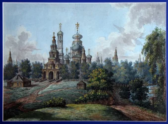新エルサレム修道院。 モスクワ近郊のイストラにあるロシア正教建築。 Fyodor Yakovlevich Alexeyev (1753-1824) の作品、紙に水彩とインク、1800 年頃。 ロシア美術、19 世紀初頭、古典主義。 st