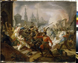 1773～1775年のロシア農民戦争（ヤイク・コサックのジャクソン）：1774年7月のカザンの戦い、エメリア・イワノビッチ・ポガチョフ（イエメリアまたはエミリエン・ポガチョフ）（1742～1775）の反乱の場面。 (1774 年 7 月のプガチョフのカザンの戦い。