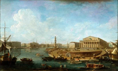「ピーターとポールの要塞から見た証券取引所と海軍本部」、サンクトペテルブルク、1810 年。