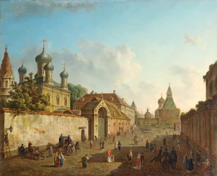 1800 年代、ロシアのモスクワにあるルビャンカ広場からウラジーミル門までの眺め。