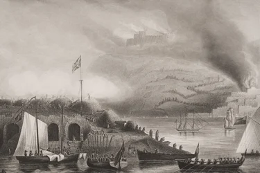1813年8月31日のサンセバスチアンの嵐、イラストの「海と陸によるイングランドの戦い」。ウィリアムズ大佐（彫刻）