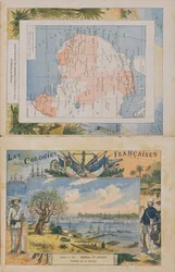 フランスの所有物とアフリカの影響範囲の地図、セネガル川の眺め、学校の練習帳の表紙、19世紀後半（カラー彫刻）