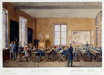 インスティテューション・カイレットの教室、rue de la Cite、パリ、1845年。G。レミーによる水彩画