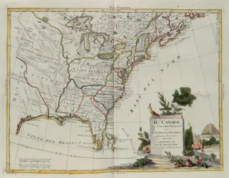 カナダ、ルイジアナ州とフロリダ州のイギリス植民地、G。ズリアーニによる彫刻。1778年にヴェネツィアでアントニオザッタによって公開された最新のアトラスのトメIから採録された、プライベートコレクション
