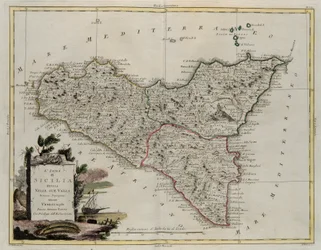 渓谷に分かれたシチリア島。1782年にヴェネツィアでアントニオザッタがプライベートコレクションとして公開した最新のアトラスのトメIIから撮影されたG.ズリアーニの彫刻