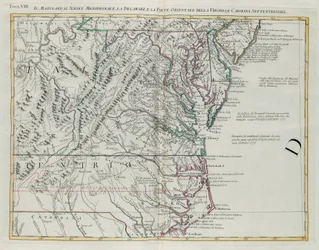 Maryland、New Jersey南部、Delaware、VirginiaとNorth Carolinaの東部、Antonio Zattaが1778年にヴェネツィアで出版した "Newest Atlas "のTome IからのG. Zulianiによるエングレーヴィング、Private Collection