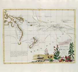 1775年にヴェネツィアでアントニオザッタによって公開された最新のアトラスのトメIから採集されたG.ズリアーニによる彫刻で、1775、67、69年に南洋で行われた新しい発見、プライベートコレクション