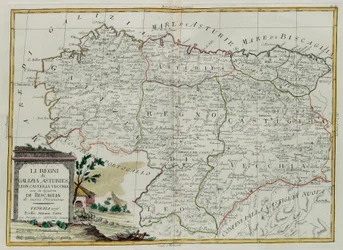 ガリシアの王国、アストゥリアス、レオン、ビスカリャ公会議のあるカスティーリャビエハ、G。ズリアーニがプリヴェアントニオザッタによって1776年にヴェネツィアで出版された最新のアトラスのトメIから彫刻を彫刻