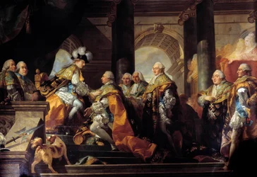 国王ルイ16世（1754年～1793年）は、1775年6月13日の奉献の後、ランスで聖霊騎士団（聖霊の騎士団）の貢物を受け取った 詳細ガブリエル・ドワイアン（1726-1806）の絵画 日。3,45 x 4,85 m